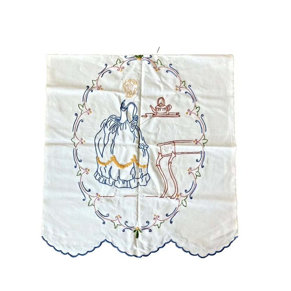 Vintage Antique Table Dresser Scarf ‎ Embroidered Lady Serving Tea 24x50